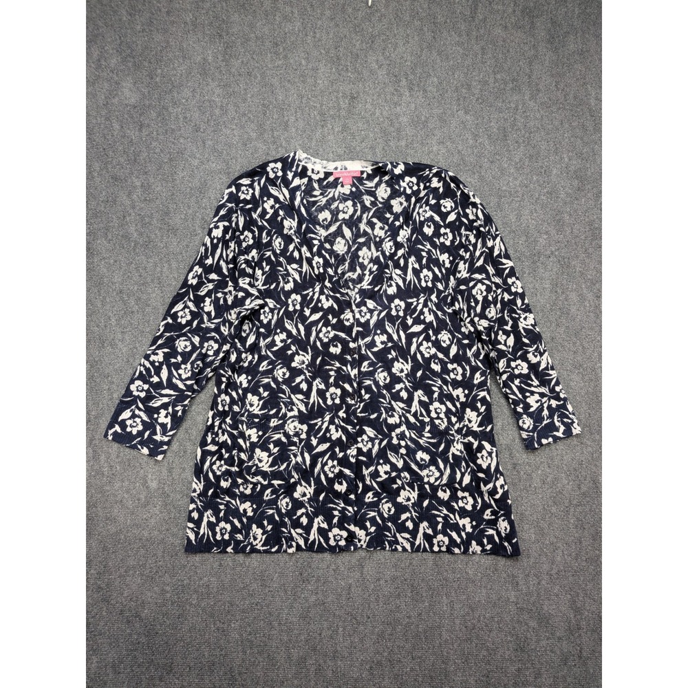Woman Within Cardigan 1X 22/24 Floral Navy 3/4‎ Sleeve Button Mature Classic